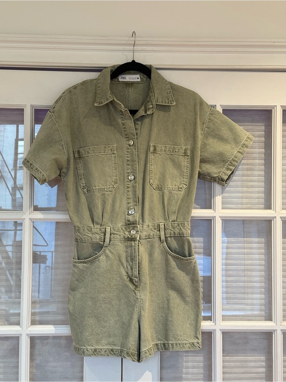 Zara Olive Green Short Sleeve Denim Romper with Pockets